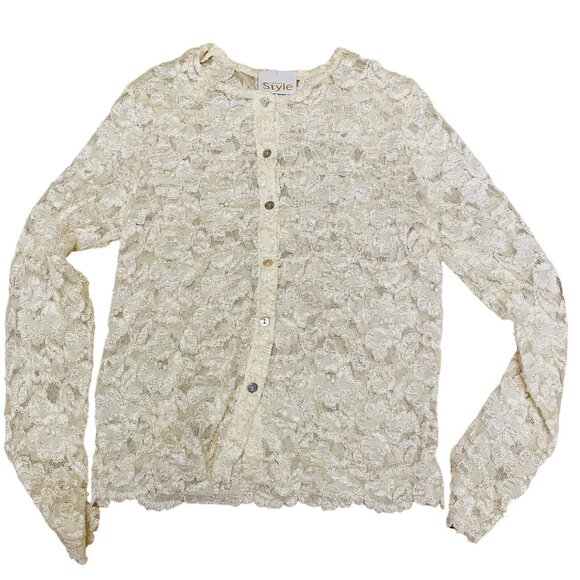 California Style Womens 2 Piece Blouse Sleeveless Ivory Lace Size Small Cardigan - Picture 10 of 14